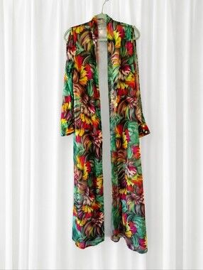 Floral Open Front Duster Cover Up Maxi Split Sleeves Green Red Yellow Festival
